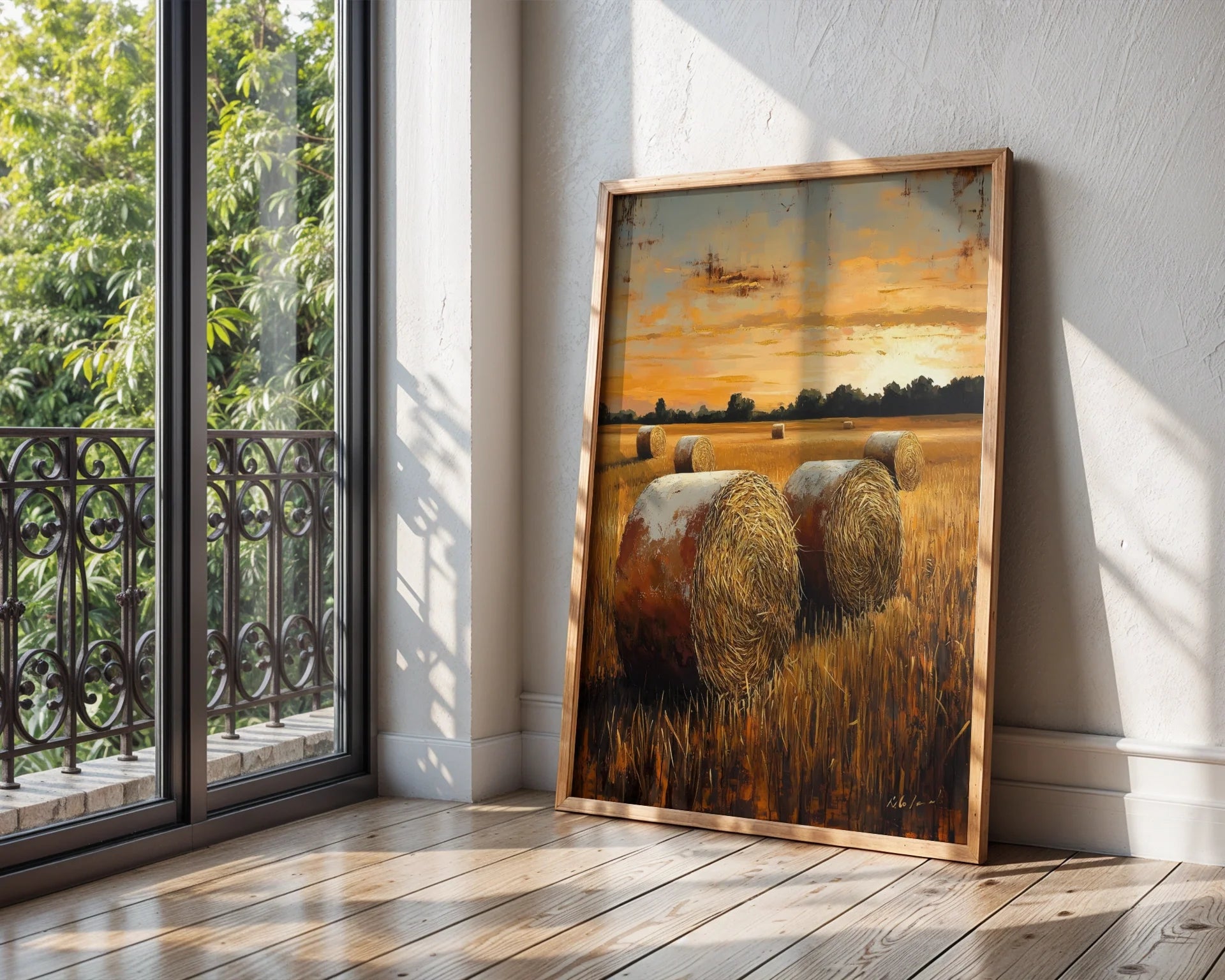 Golden Wheat Fields Harvest Farmhouse Canvas Wall Art — Cottage core canvas depicting autumn agricultural scene with rolled harvests for cozy interiors