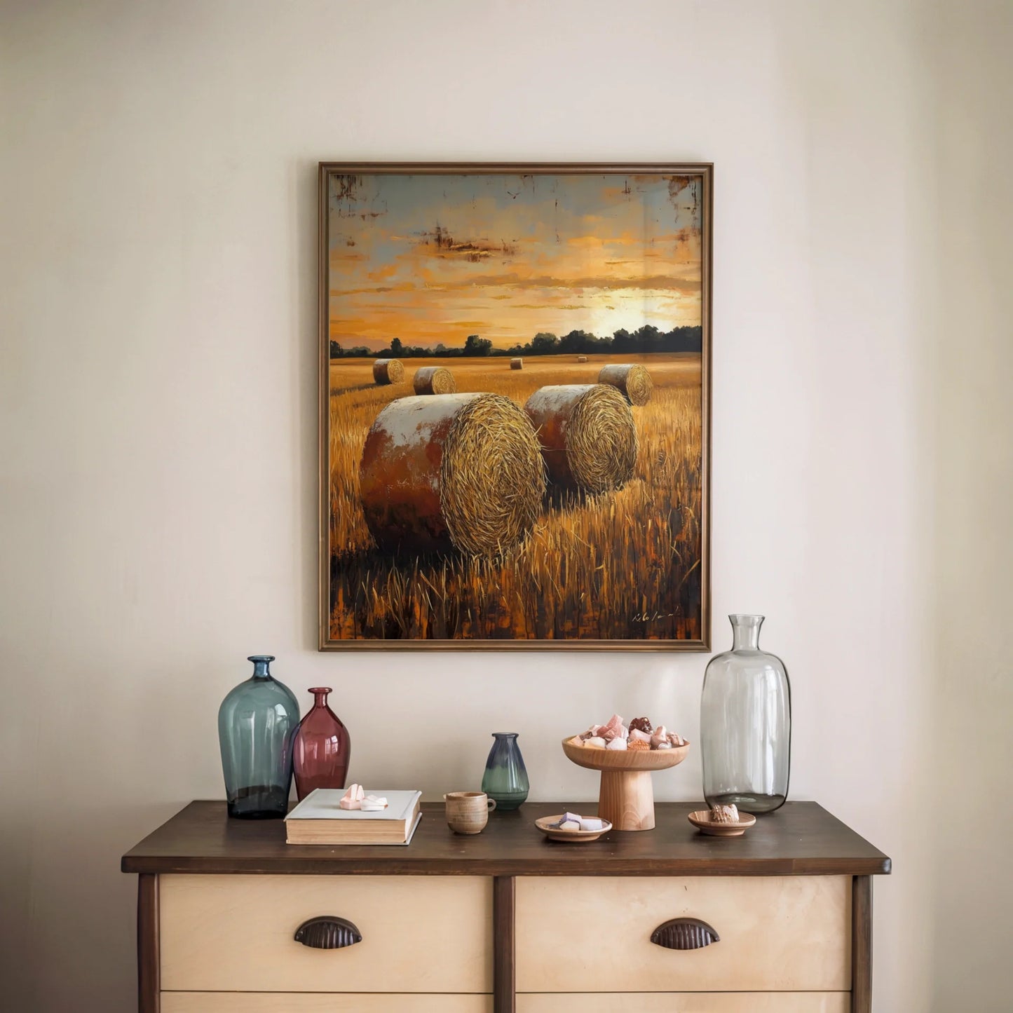 Golden Wheat Fields Harvest Farmhouse Canvas Wall Art — Vintage countryside artwork showing textured grain fields with scattered bundles for farm decor