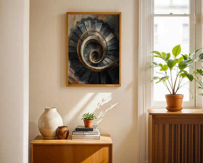 Luxury Spiral Staircase Golden Victorian Railings Canvas Art — Sleek wall art displaying winding stone architecture with detailed brass accents in neutral setting