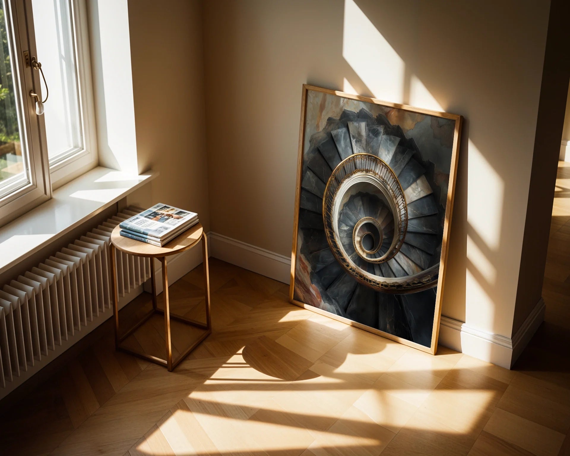 Luxury Spiral Staircase Golden Victorian Railings Canvas Art — Refined architectural canvas featuring decorative metal balustrade and curved stone elements