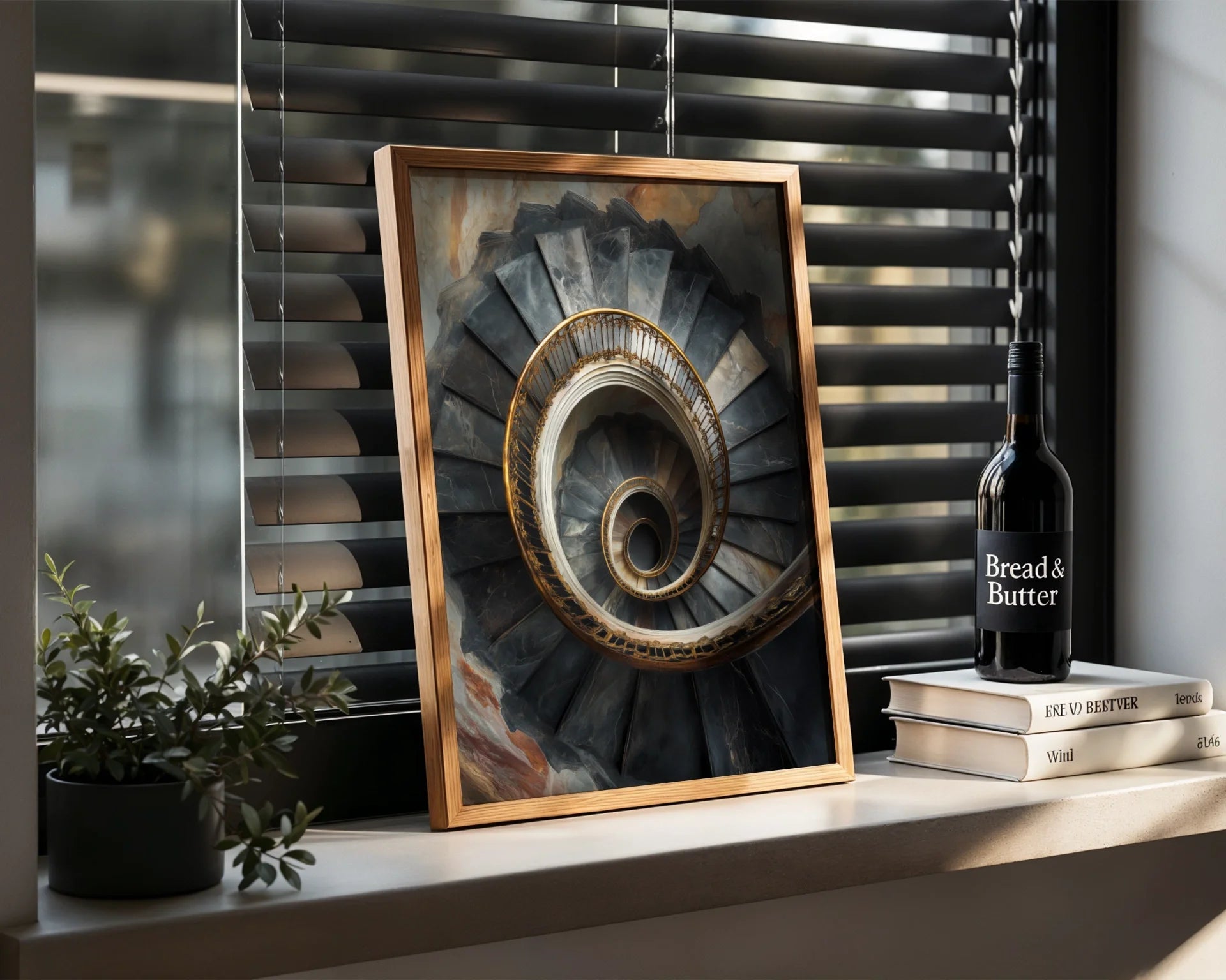 Luxury Spiral Staircase Golden Victorian Railings Canvas Art — Chic estate-inspired wall art showing polished stone steps with intricate metalwork details