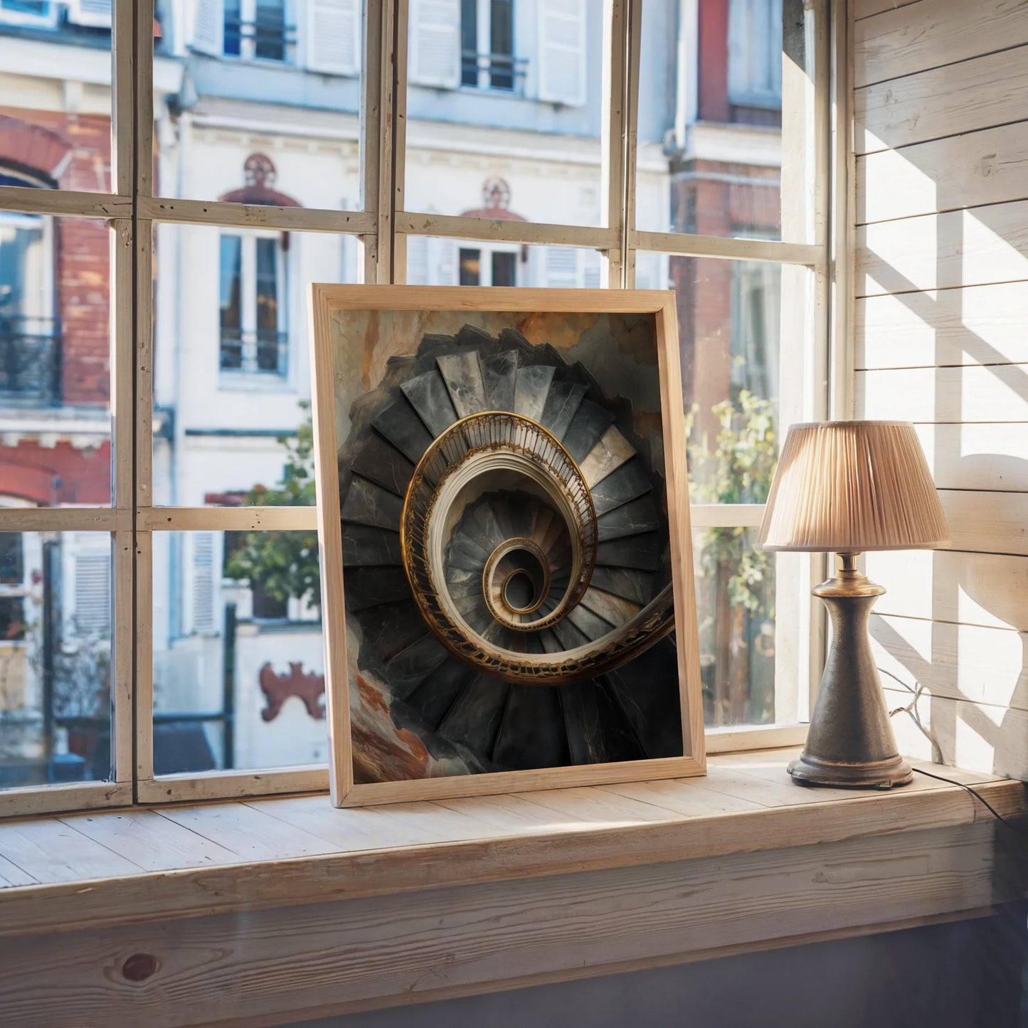 Luxury Spiral Staircase Golden Victorian Railings Canvas Art — Cultured home decor canvas displaying curved stone architecture with elaborate metal detailing