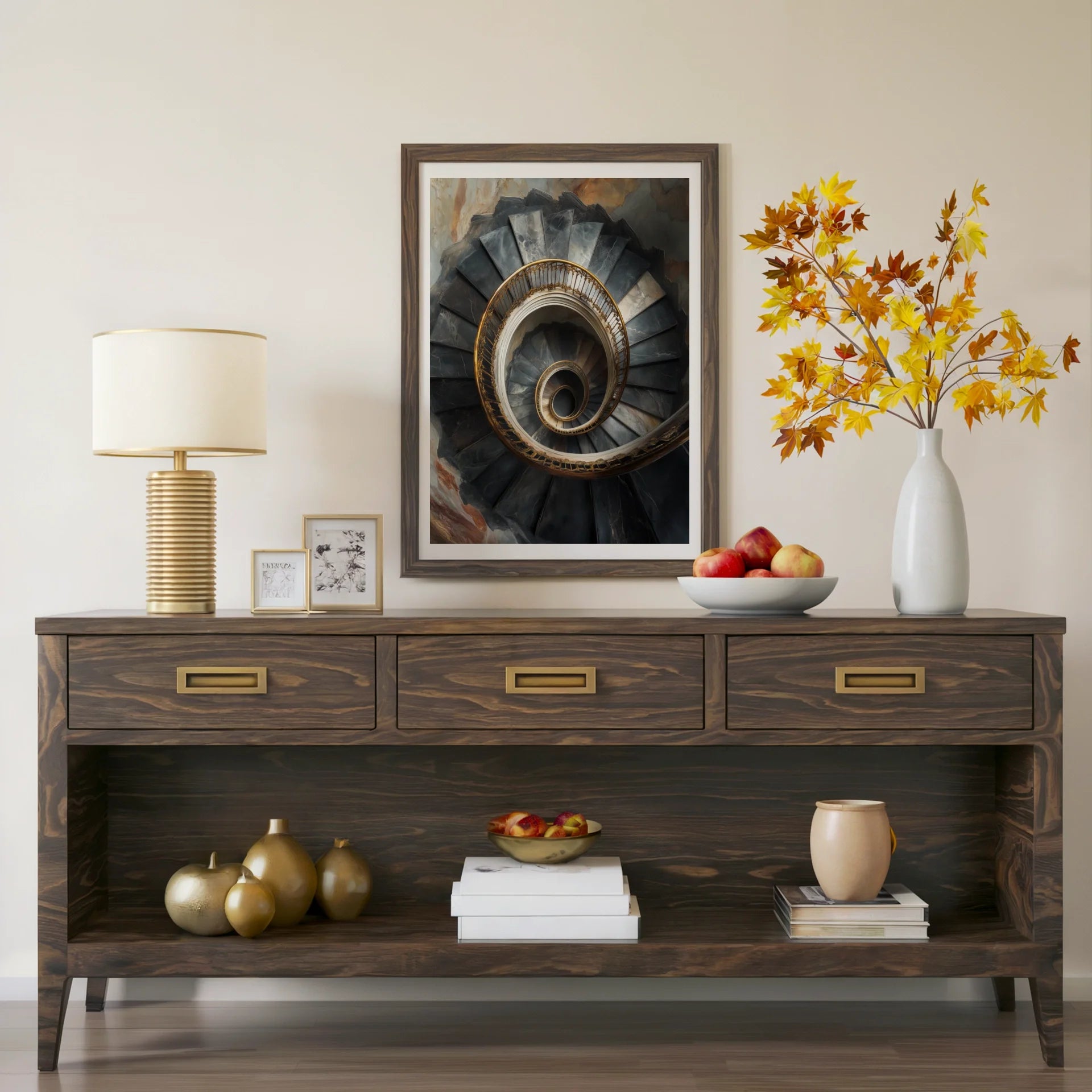 Luxury Spiral Staircase Golden Victorian Railings Canvas Art — Storm-colored stone canvas with warm brass tones creating rich contrast in styled living space