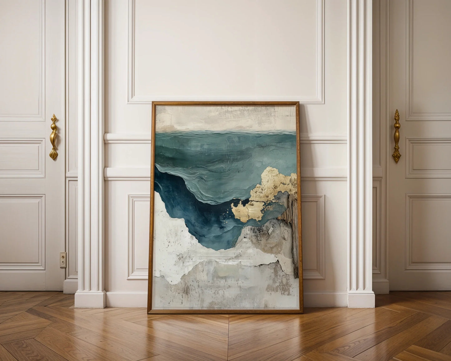 Coastal Cliff Textured Ocean Teal Waters Canvas Wall Art — Relaxed seaside styling displays sun-scorched oceanside cliffs meeting wild waters artwork