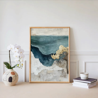 Coastal Cliff Textured Ocean Teal Waters Canvas Wall Art — Sage green and cream tones create tactile surface with raised cliff textures for coastal homes