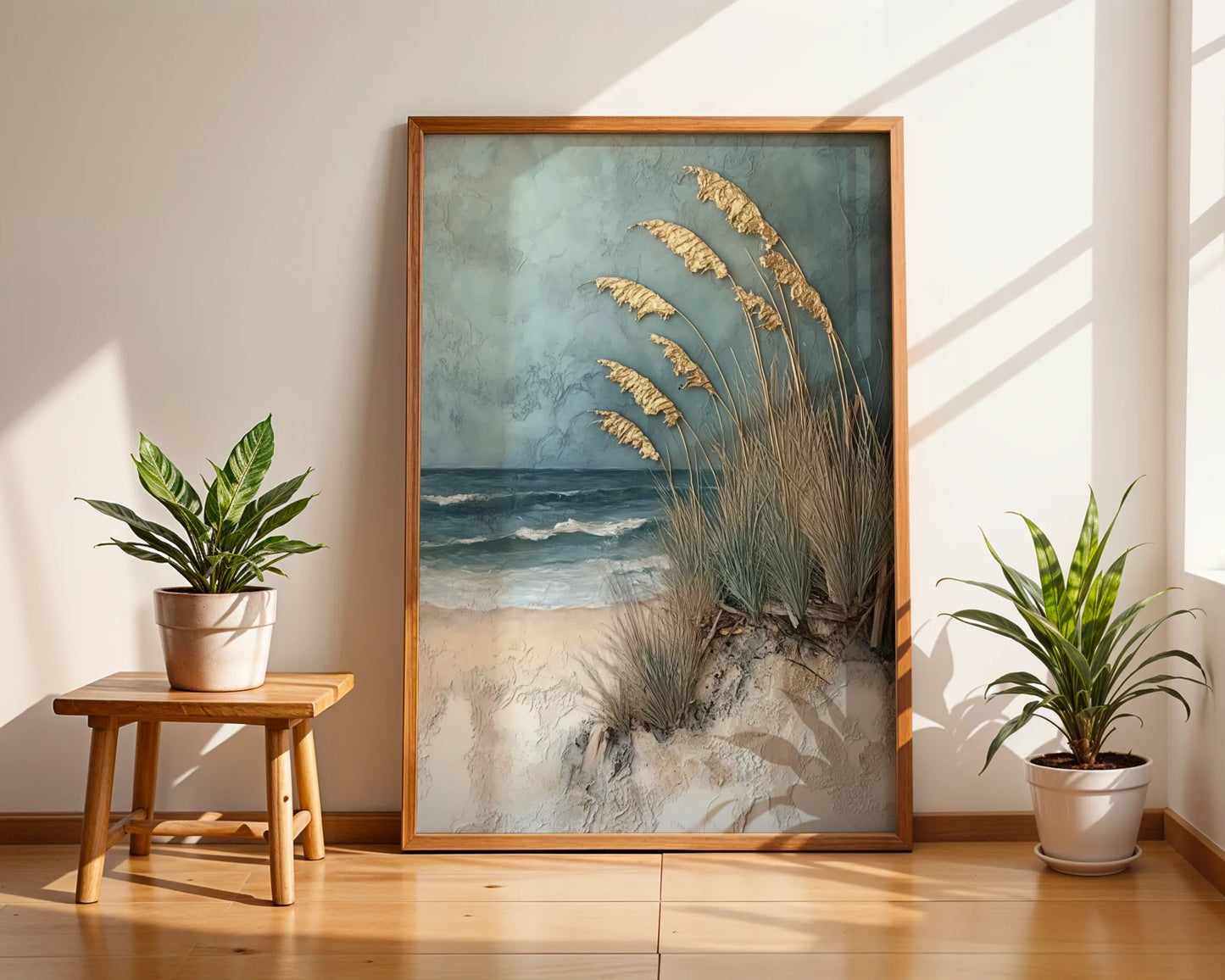 Coastal Grass Textured Oil Painting Golden Plumes Canvas Art — Minimalist canvas featuring swaying marsh grass in salt air styled for contemporary coastal interiors