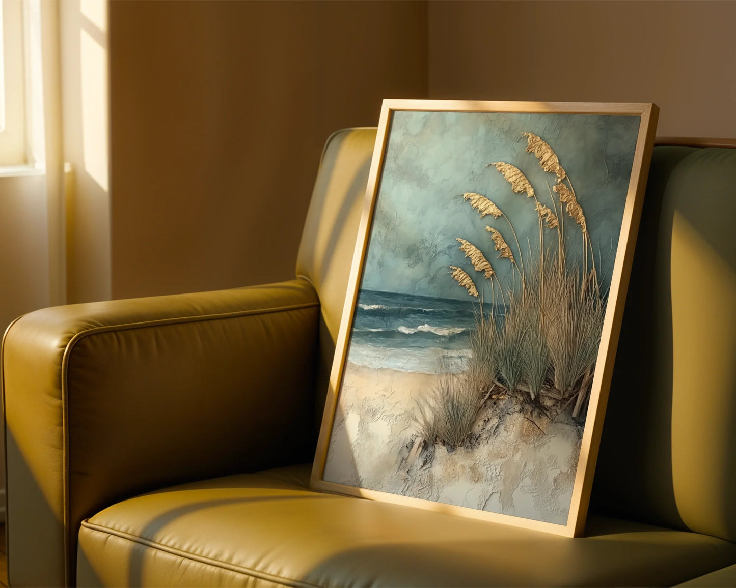 Coastal Grass Textured Oil Painting Golden Plumes Canvas Art — Serene seashore artwork with flowing grasses displayed in curated modern farmhouse bedroom styling