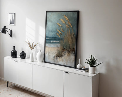 Coastal Grass Textured Oil Painting Golden Plumes Canvas Art — Tranquil wetland scene with bent sea oats canvas mounted in Scandinavian-style ocean themed room
