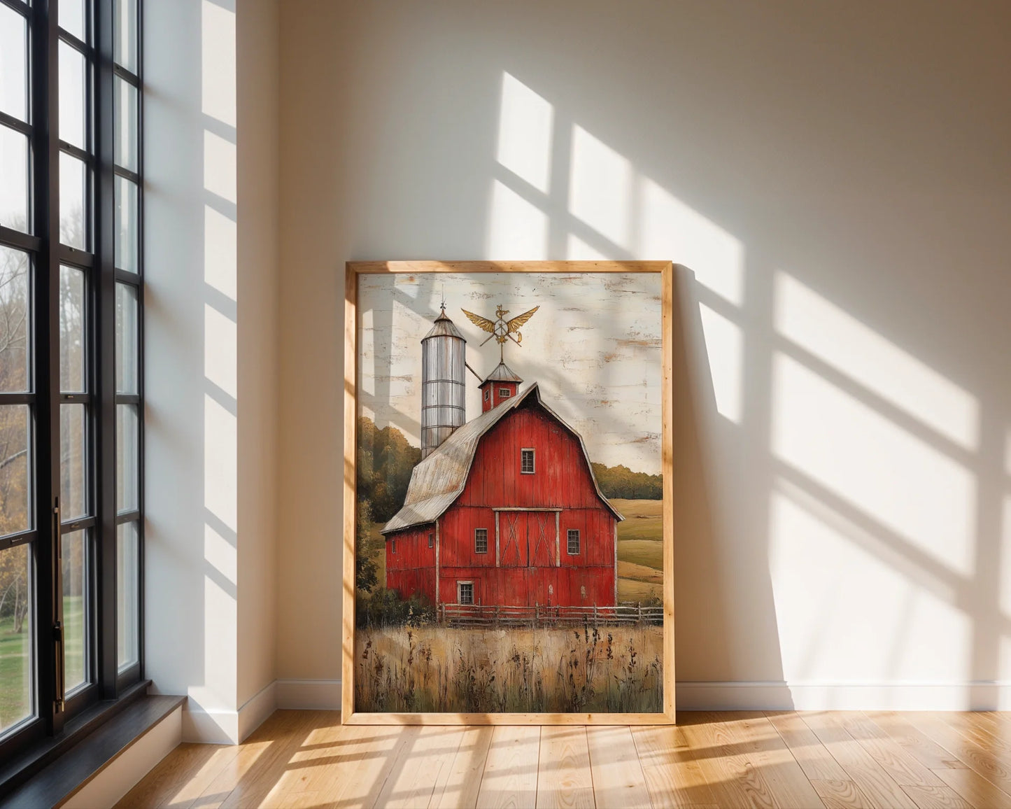 Red Barn Farmhouse Gambrel Silo Autumn Canvas Wall Art — Rustic canvas displaying scarlet outbuilding amid golden meadows hanging in contemporary rural-style interior
