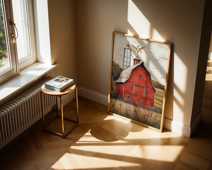 Red Barn Farmhouse Gambrel Silo Autumn Canvas Wall Art — Country-inspired canvas featuring weathered red structure with grain tower for authentic vintage home styling