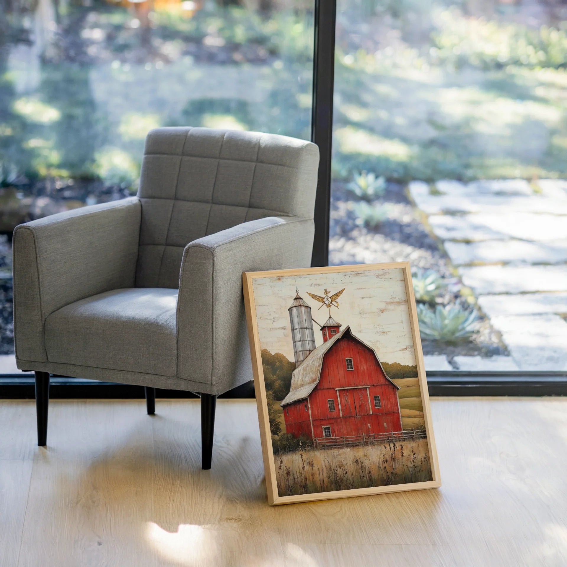 Red Barn Farmhouse Gambrel Silo Autumn Canvas Wall Art — Burgundy and cream textured canvas with weathered wood grain finish for warm autumn home decor styling