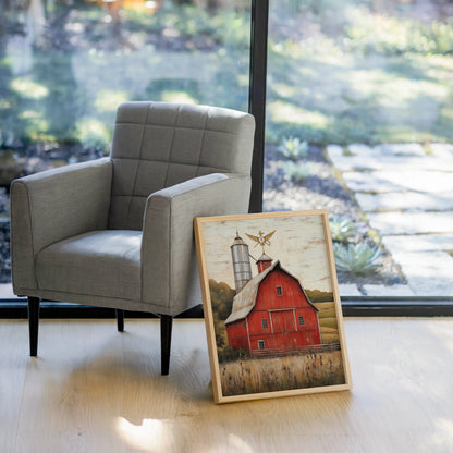 Red Barn Farmhouse Gambrel Silo Autumn Canvas Wall Art — Burgundy and cream textured canvas with weathered wood grain finish for warm autumn home decor styling