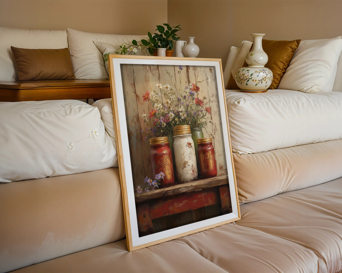 Mason Jar Wildflower Golden Lids Farmhouse Canvas Wall Art — Country style canvas displaying five glass jars filled with prairie blooms in neutral living space