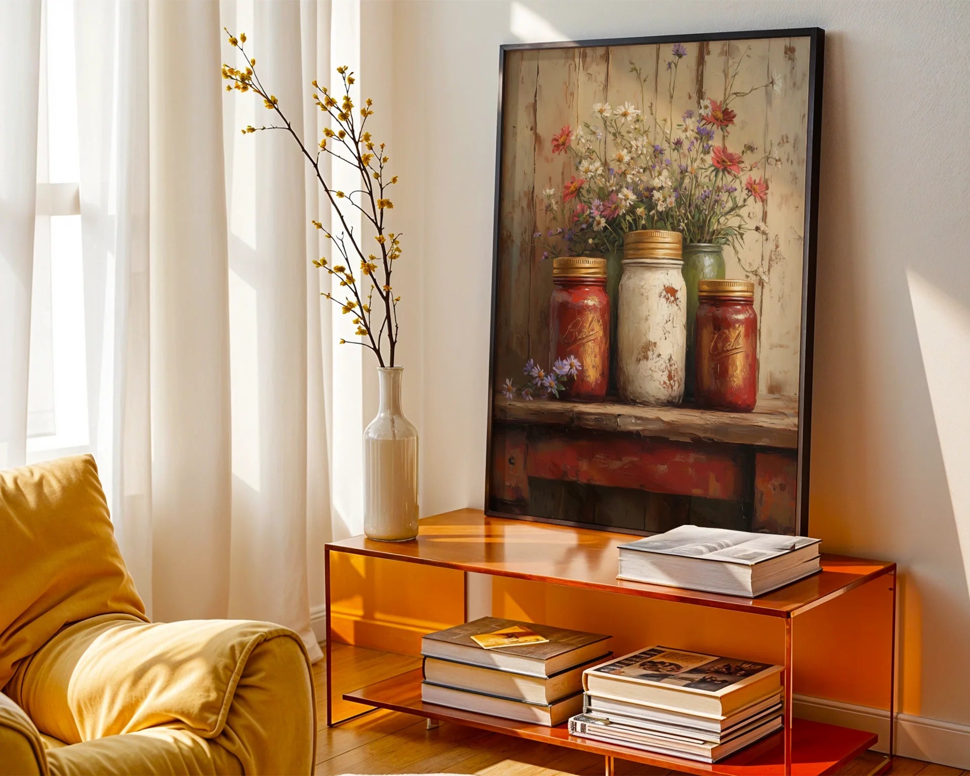 Mason Jar Wildflower Golden Lids Farmhouse in room