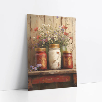 Mason Jar Wildflower Golden Lids Farmhouse art print