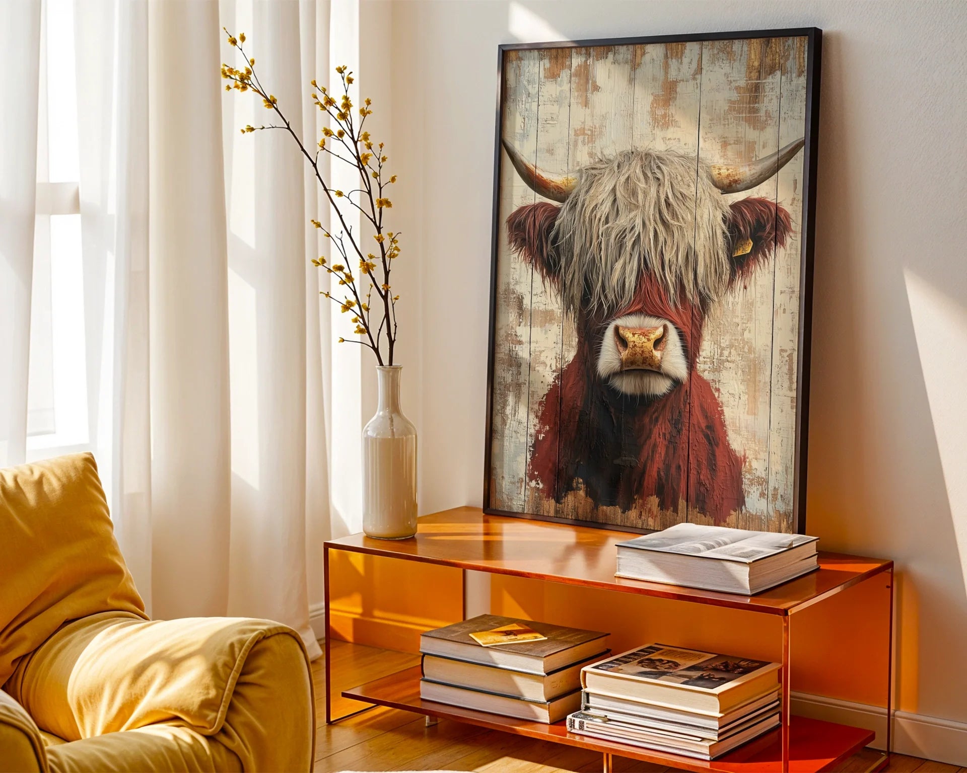 Highland Cow Rustic Barnwood Plank Canvas Wall Art — Modern home showcasing vintage-inspired bovine artwork with distressed wood details on living room wall