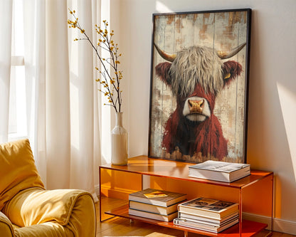 Highland Cow Rustic Barnwood Plank in room