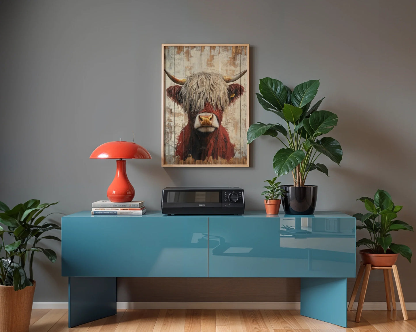 Highland Cow Rustic Barnwood Plank Canvas Wall Art — Cottage-style interior featuring aged timber backdrop with majestic horned beast canvas print displayed