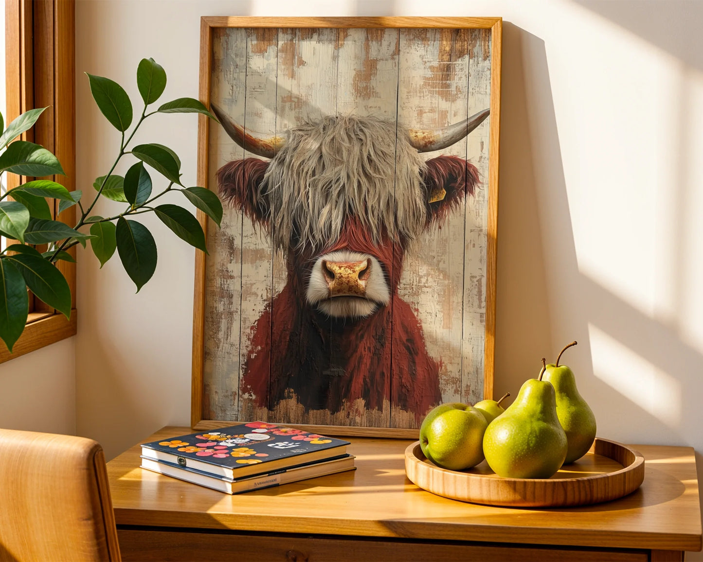 Highland Cow Rustic Barnwood Plank in room