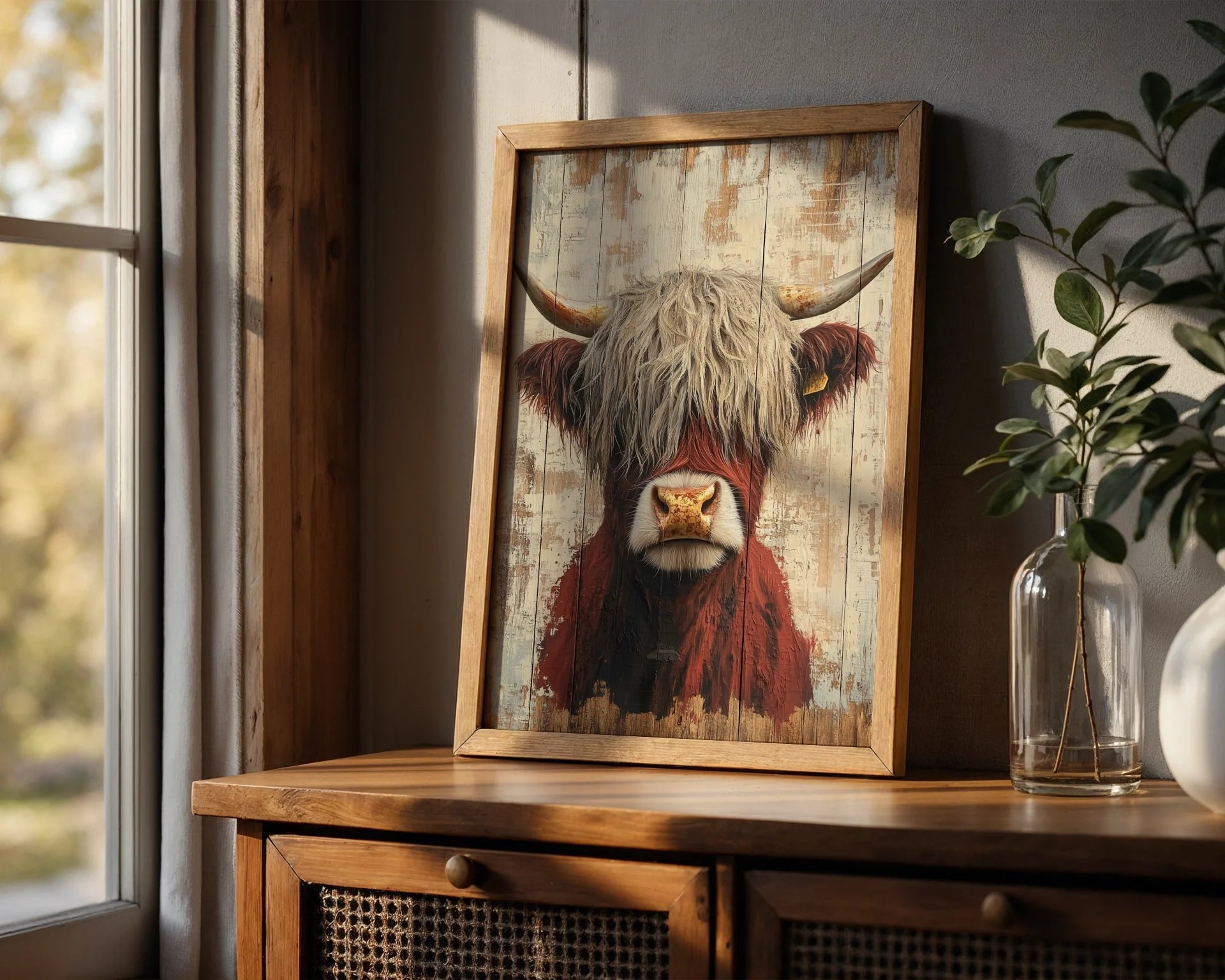 Highland Cow Rustic Barnwood Plank in room