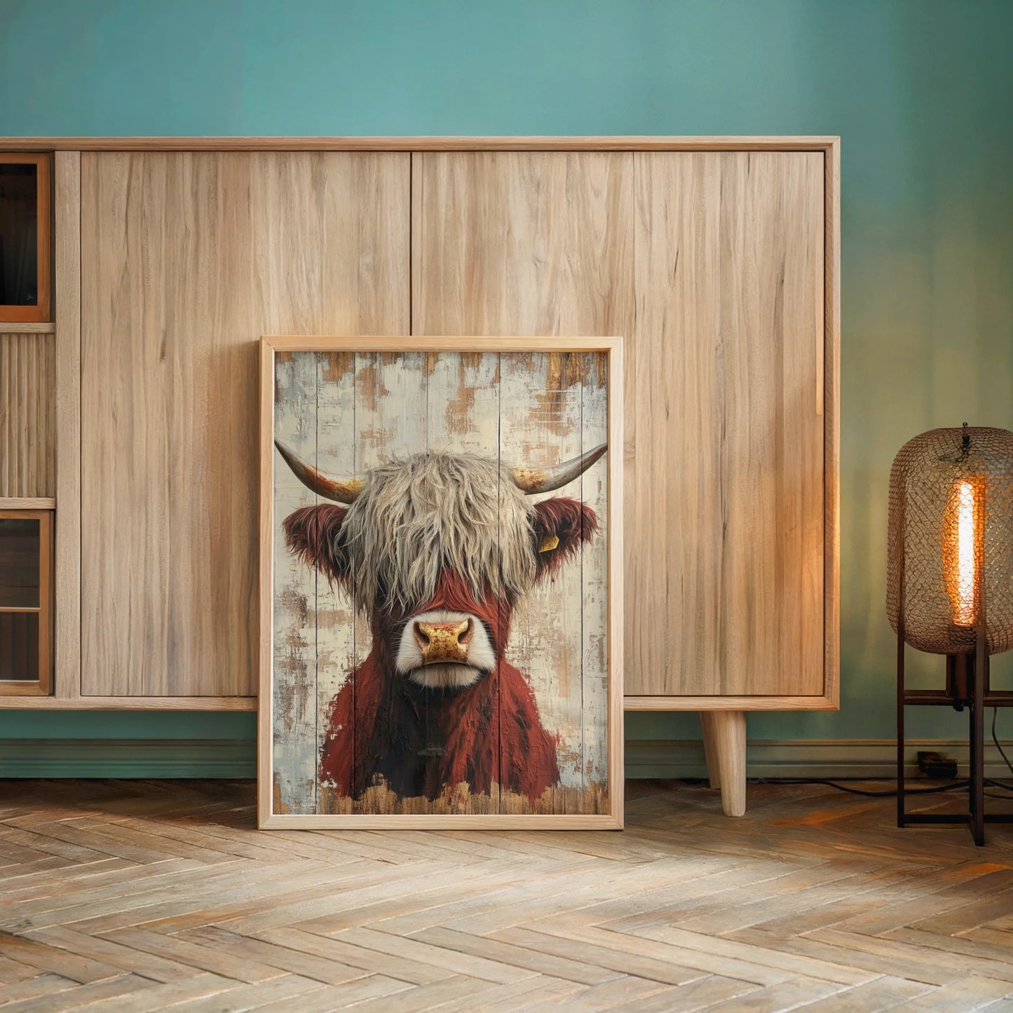 Highland Cow Rustic Barnwood Plank in room