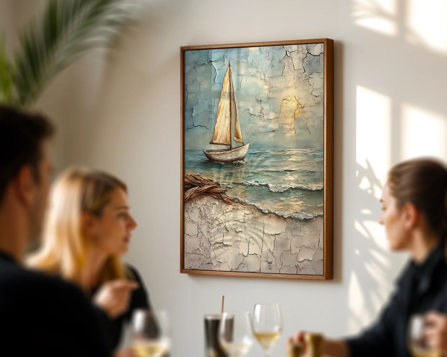 Sailboat Canvas Wall Art Distressed Paint Nautical Decor — Farmhouse style home featuring aged vessel canvas with sun-kissed waters for casual living spaces