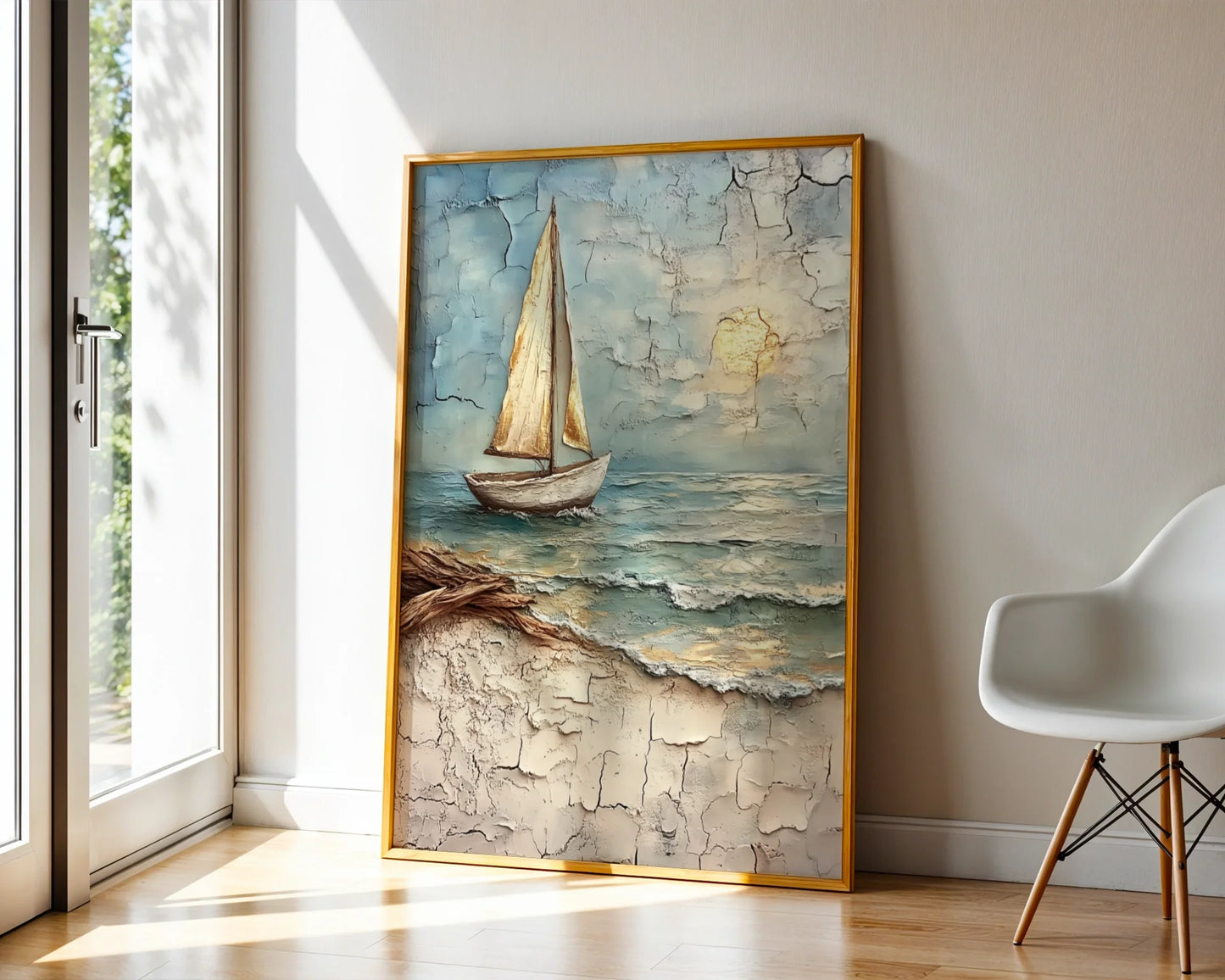 Sailboat Canvas Wall Art Distressed Paint Nautical Decor — Antique marine artwork displays faded yacht painting with textured finish for classic home styling