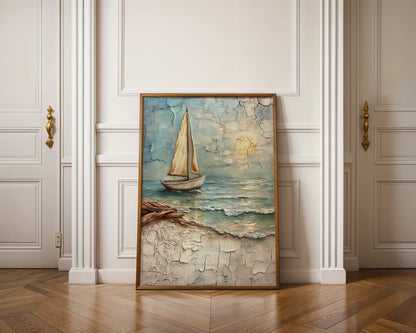 Sailboat Canvas Wall Art Distressed Paint Nautical Decor — Country beach home showcases distressed vessel art with peeling paint effects on living room wall
