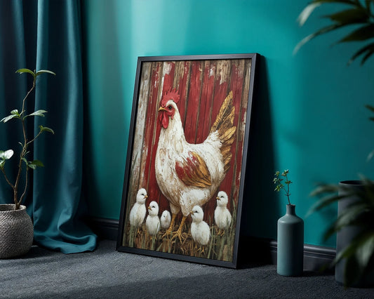 Farmhouse Chicken Art Protective Mama Hen Canvas Wall Art — Vintage farm scene with mother hen guarding fluffy babies on canvas for traditional countryside decor