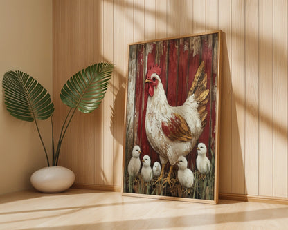 Farmhouse Chicken Art Protective Mama Hen Canvas Wall Art — Textured poultry artwork showing brooding fowl with young ones perfect for rustic interior design