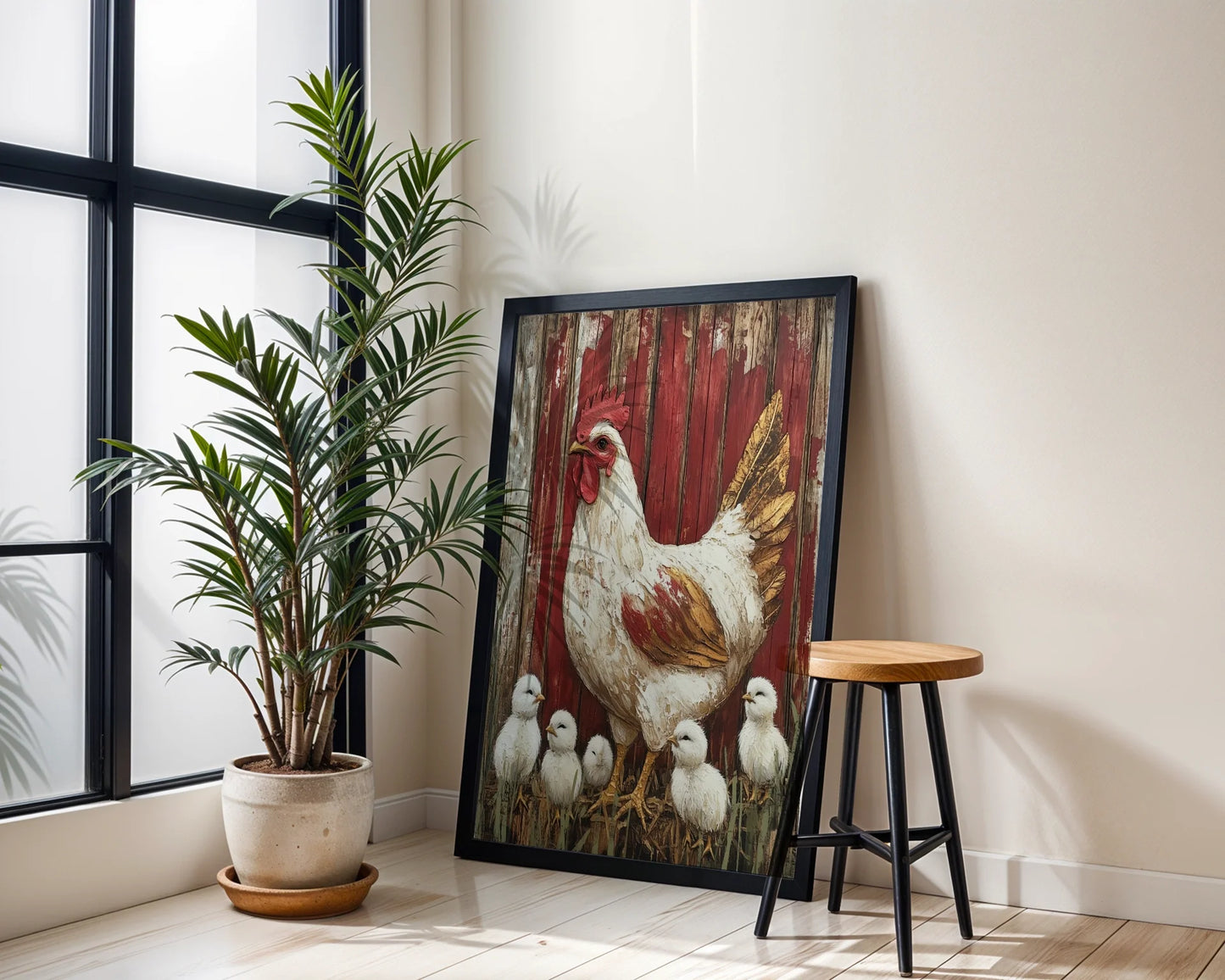 Farmhouse Chicken Art Protective Mama Hen in room