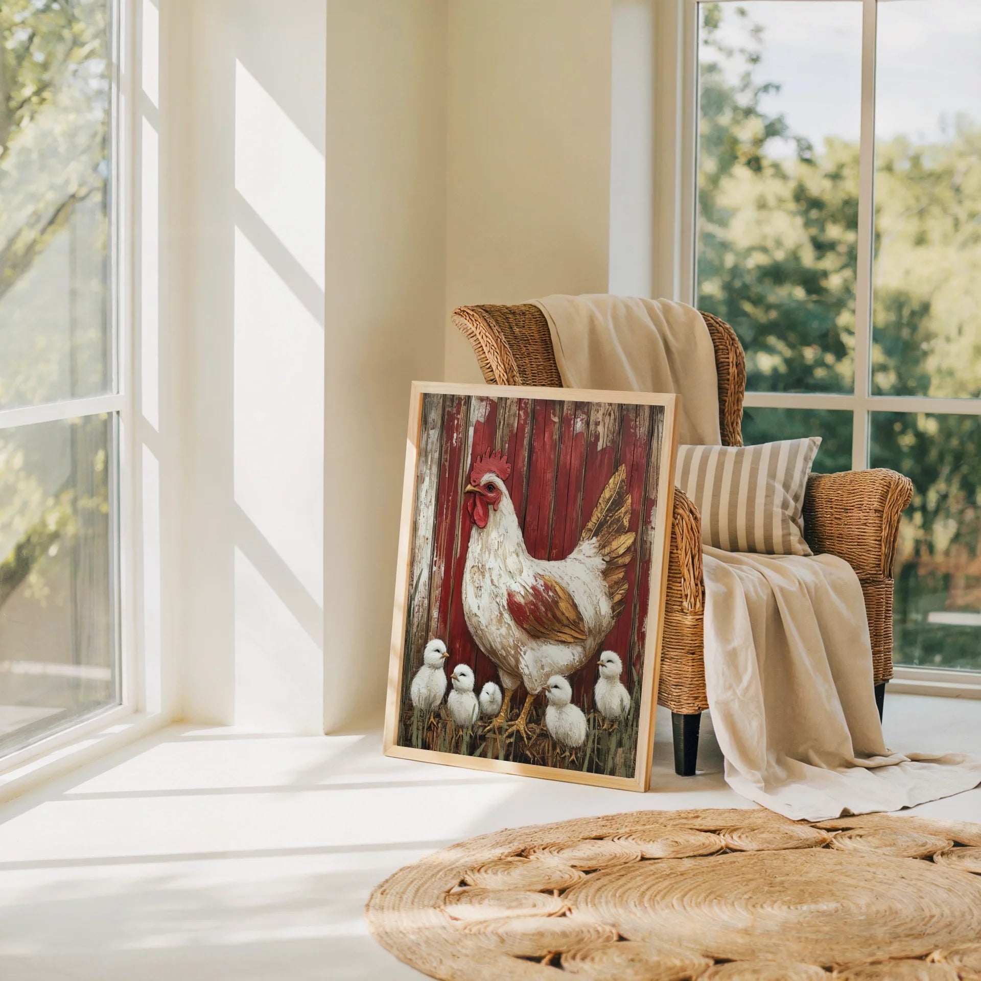 Farmhouse Chicken Art Protective Mama Hen in room
