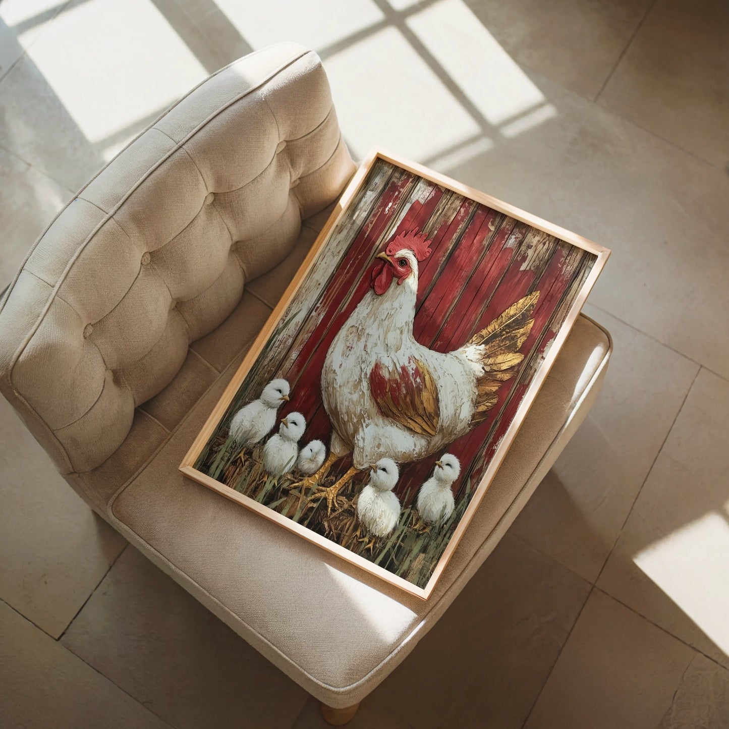 Farmhouse Chicken Art Protective Mama Hen in room