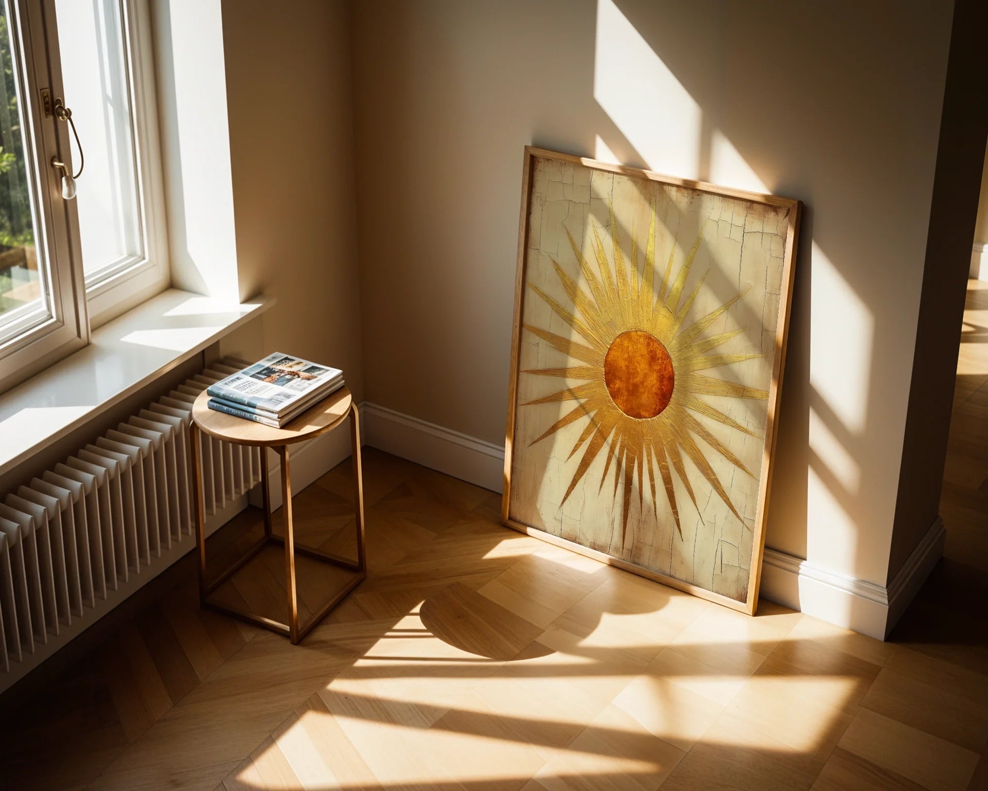Ancient Sun Symbol Art Geometric Temple Rays Canvas Wall Art — Bohemian canvas artwork showcasing mystical solar deity with radiating beams for eclectic decor