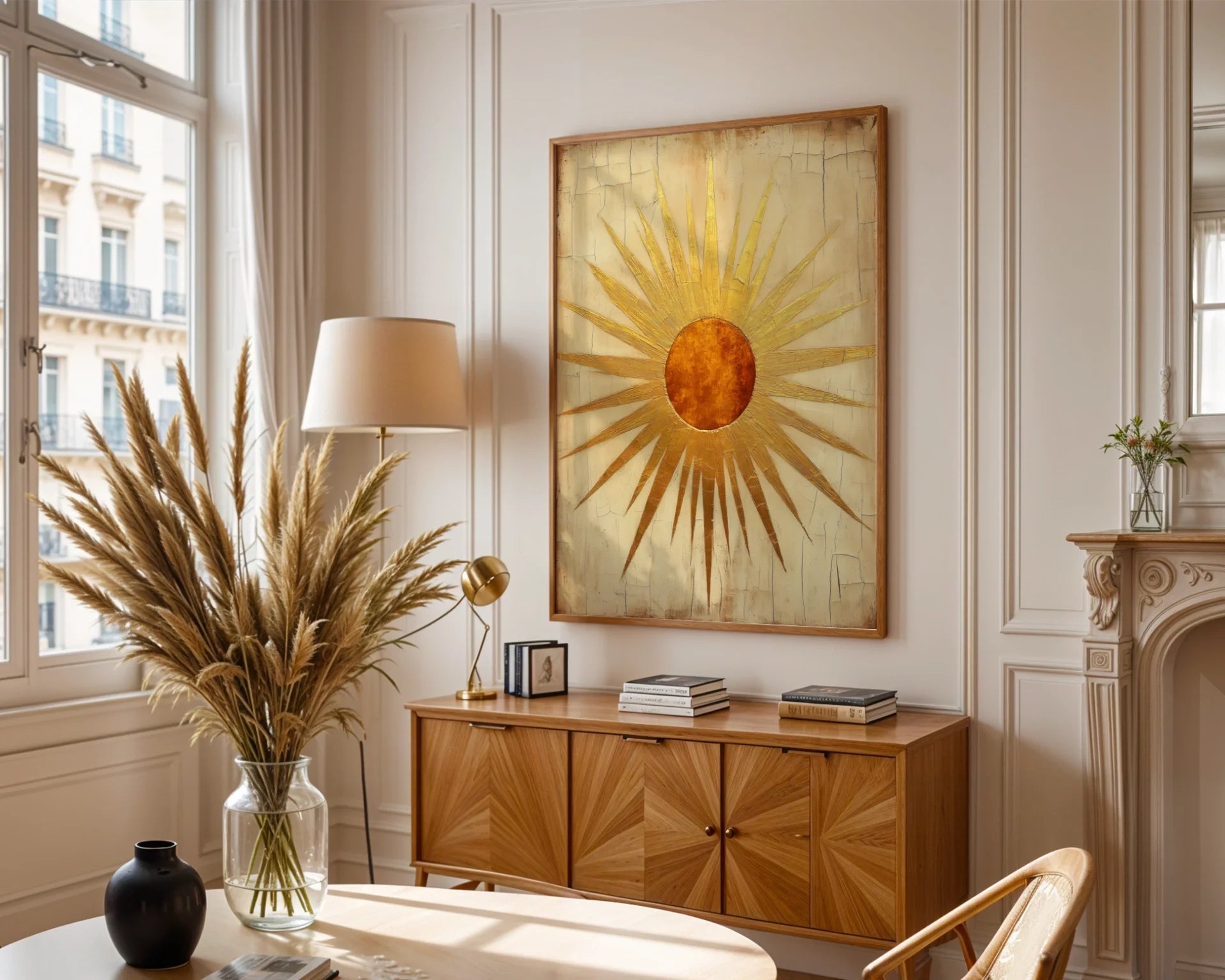 Ancient Sun Symbol Art Geometric Temple Rays in room