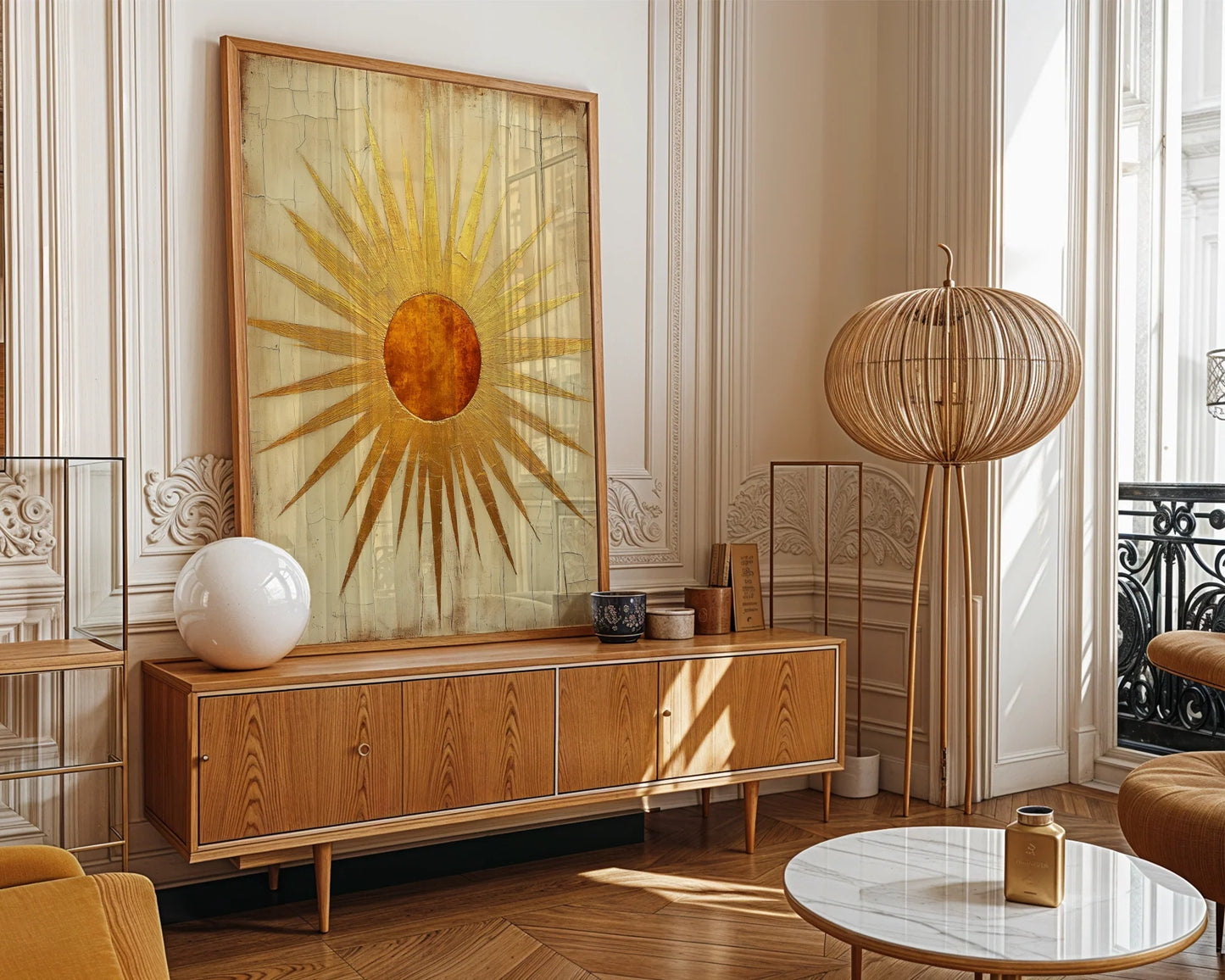 Ancient Sun Symbol Art Geometric Temple Rays Canvas Wall Art — Sacred artwork canvas showing divine solar entity with intricate ray patterns for mindful spaces