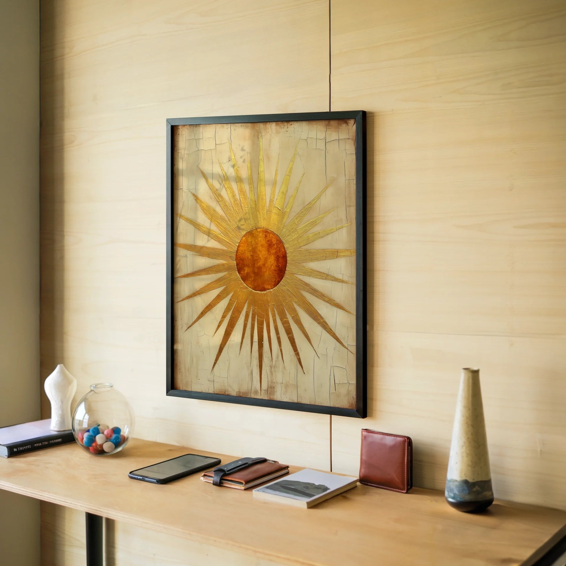 Ancient Sun Symbol Art Geometric Temple Rays in room