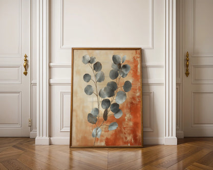 Large Eucalyptus Botanical Silver Leaf Terracotta Canvas Art — Bohemian style canvas featuring delicate eucalyptus stems in weathered terracotta mist for eclectic homes