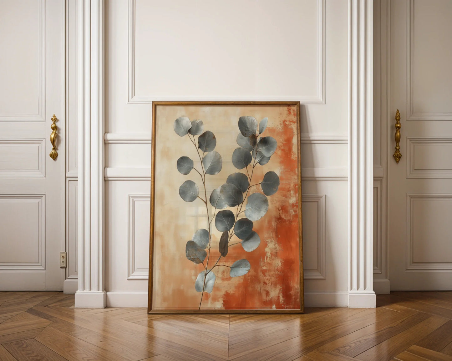 Large Eucalyptus Botanical Silver Leaf Terracotta Art in room