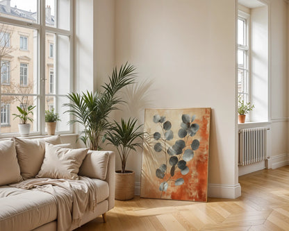 Large Eucalyptus Botanical Silver Leaf Terracotta Art in room