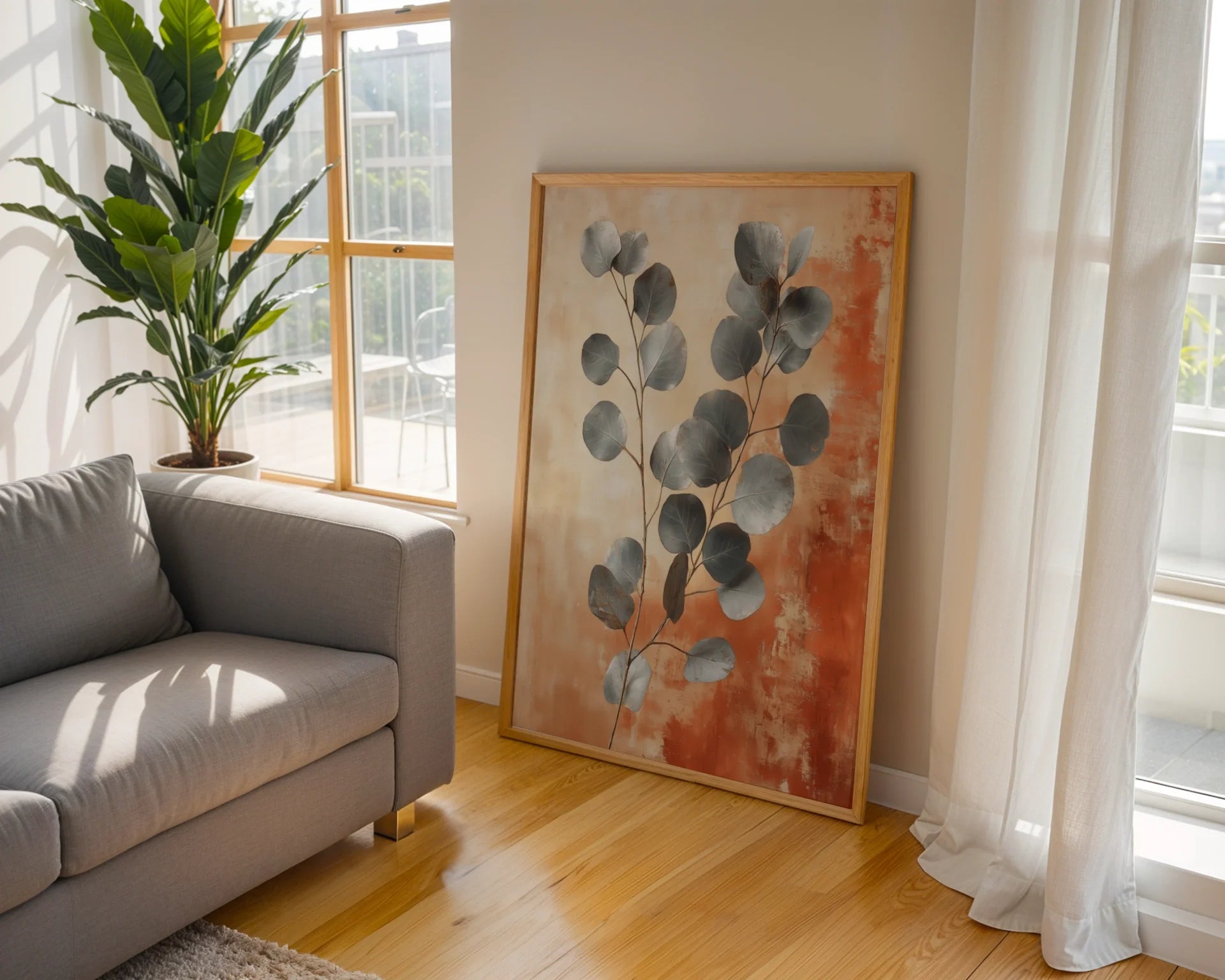 Large Eucalyptus Botanical Silver Leaf Terracotta Art in room