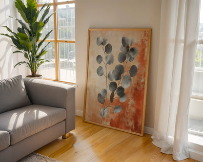 Large Eucalyptus Botanical Silver Leaf Terracotta Art in room