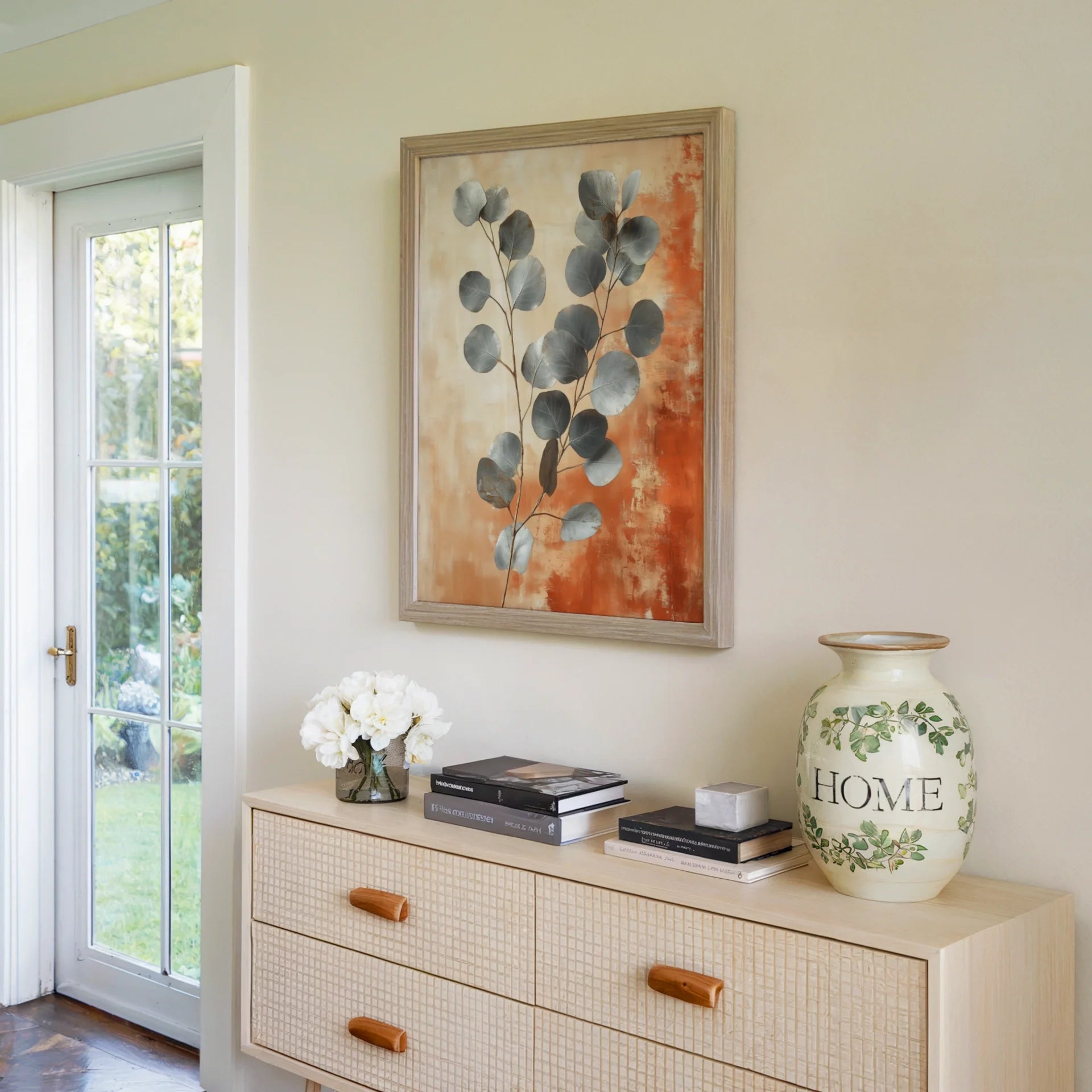 Large Eucalyptus Botanical Silver Leaf Terracotta Canvas Art — Organic eucalyptus design with metallic accents perfect for neutral bohemian interior styling