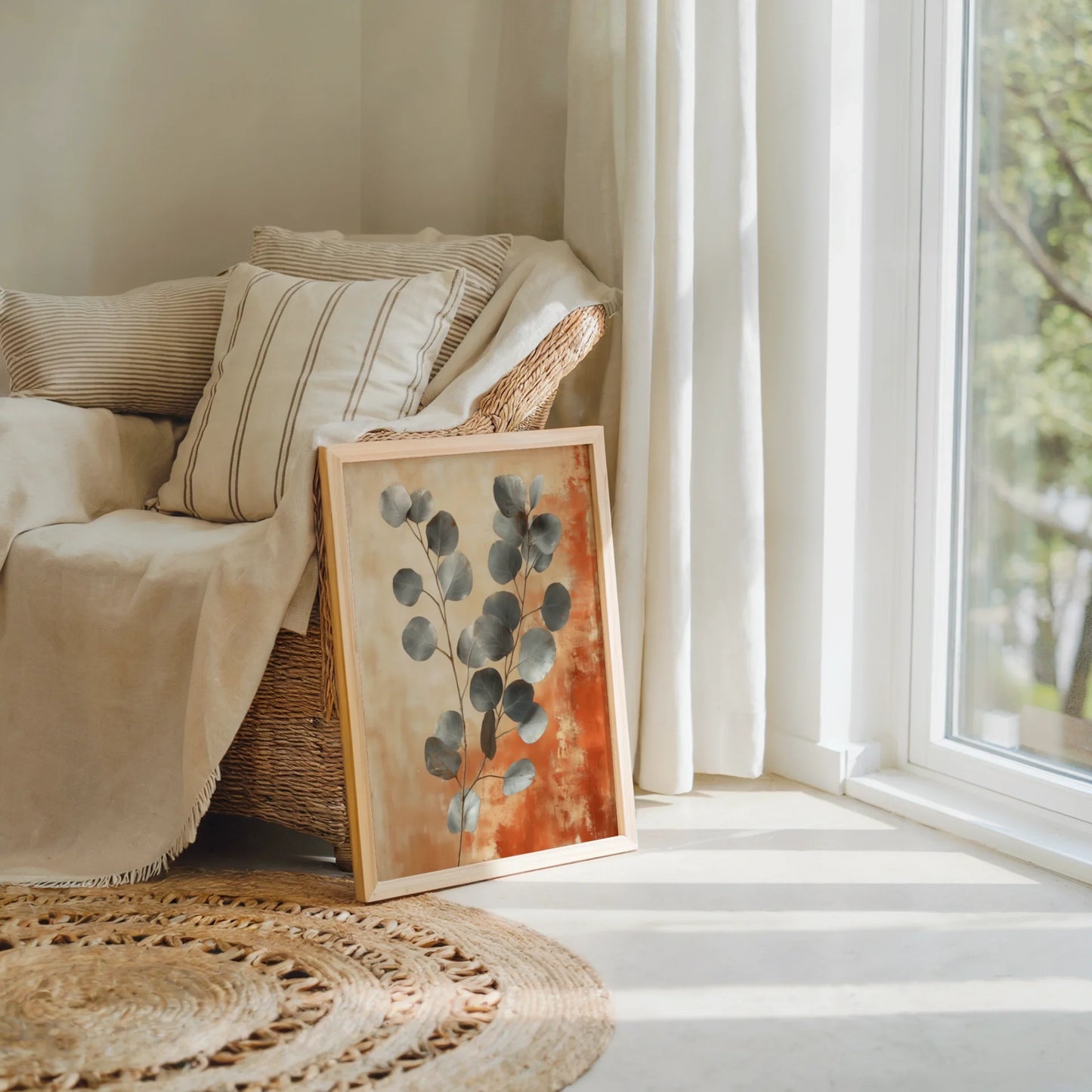 Large Eucalyptus Botanical Silver Leaf Terracotta Canvas Art — Burnt sienna and cream tones blend like desert sand meeting dawn in this textured wall canvas