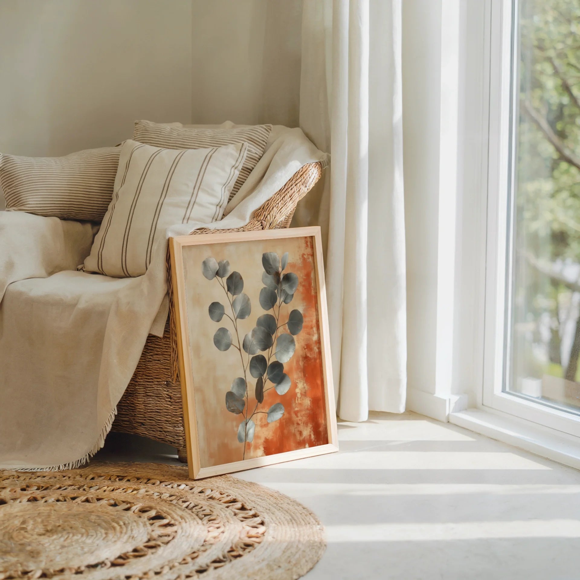 Large Eucalyptus Botanical Silver Leaf Terracotta Canvas Art — Burnt sienna and cream tones blend like desert sand meeting dawn in this textured wall canvas