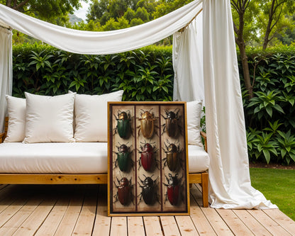 Beetle Specimen Collection Nine Amber Frames Canvas Wall Art — Scholarly bedroom showcasing framed insect specimens in rich amber tones for academic interior design