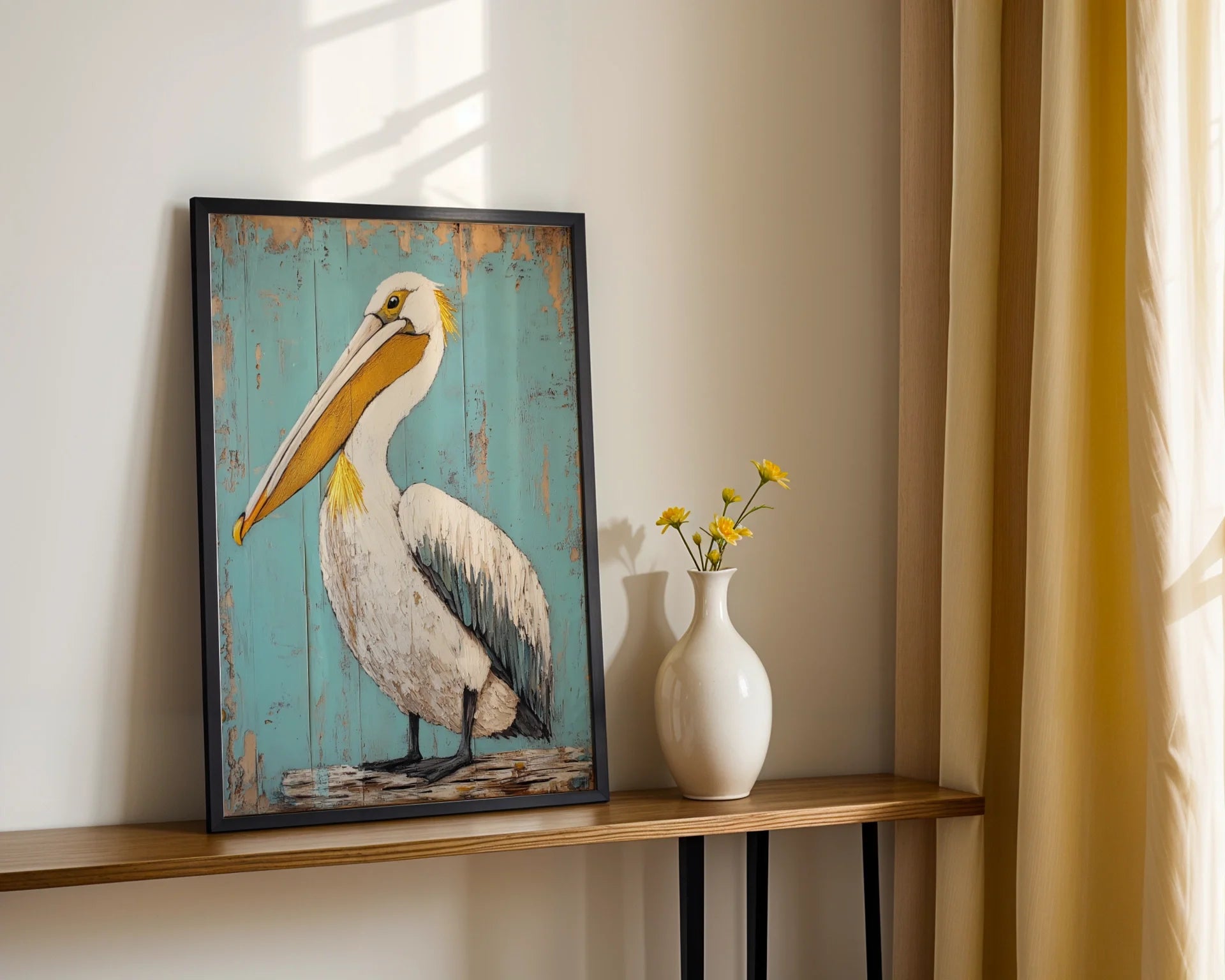 Coastal Bird Art Pelican Turquoise Shutters Print in room