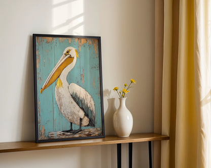 Coastal Bird Art Pelican Turquoise Shutters Print in room