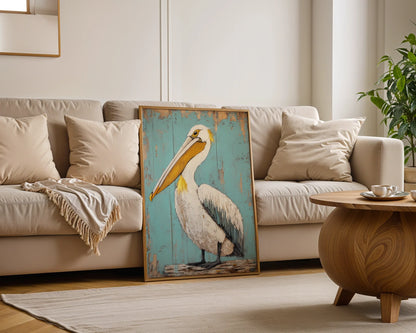 Coastal Bird Canvas Art Pelican Turquoise Shutters Print — Maritime-inspired artwork featuring dignified shore bird perched by aged blue shutters in neutral room