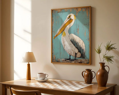 Coastal Bird Art Pelican Turquoise Shutters Print in room